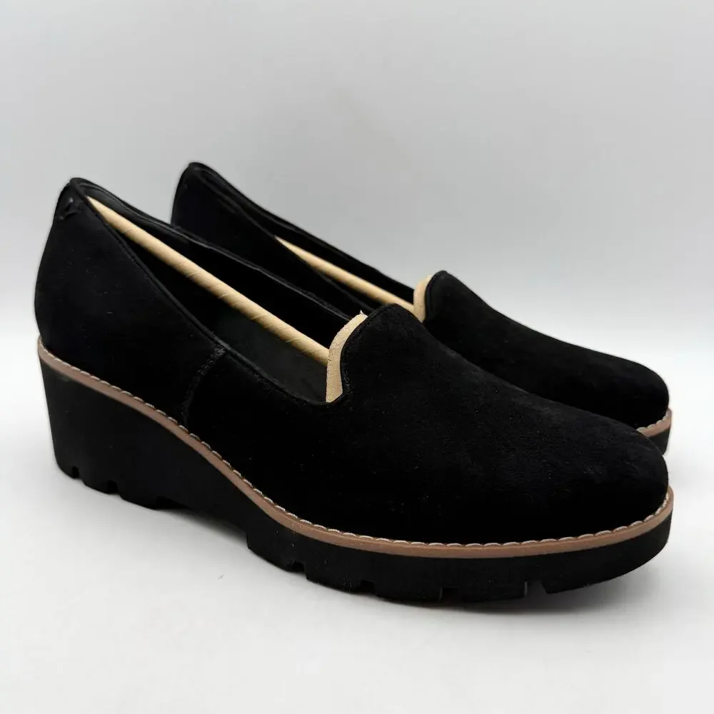 VIONIC Womens Willa Wedge Loafers US 9 EU 40 Black Suede Slip On EUC